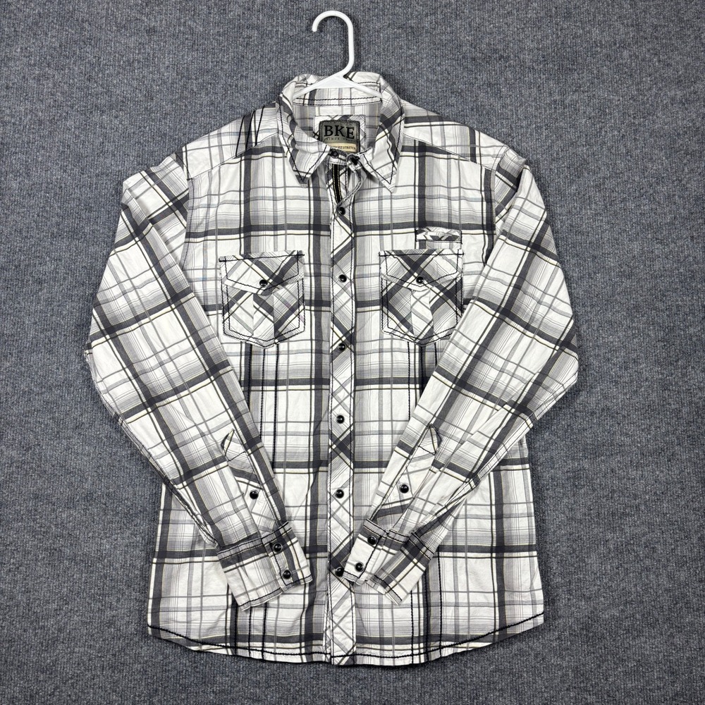 BKE Western Shirt Mens M White Plaid Pearl Snap Athletic Fit Stretch 11197NM